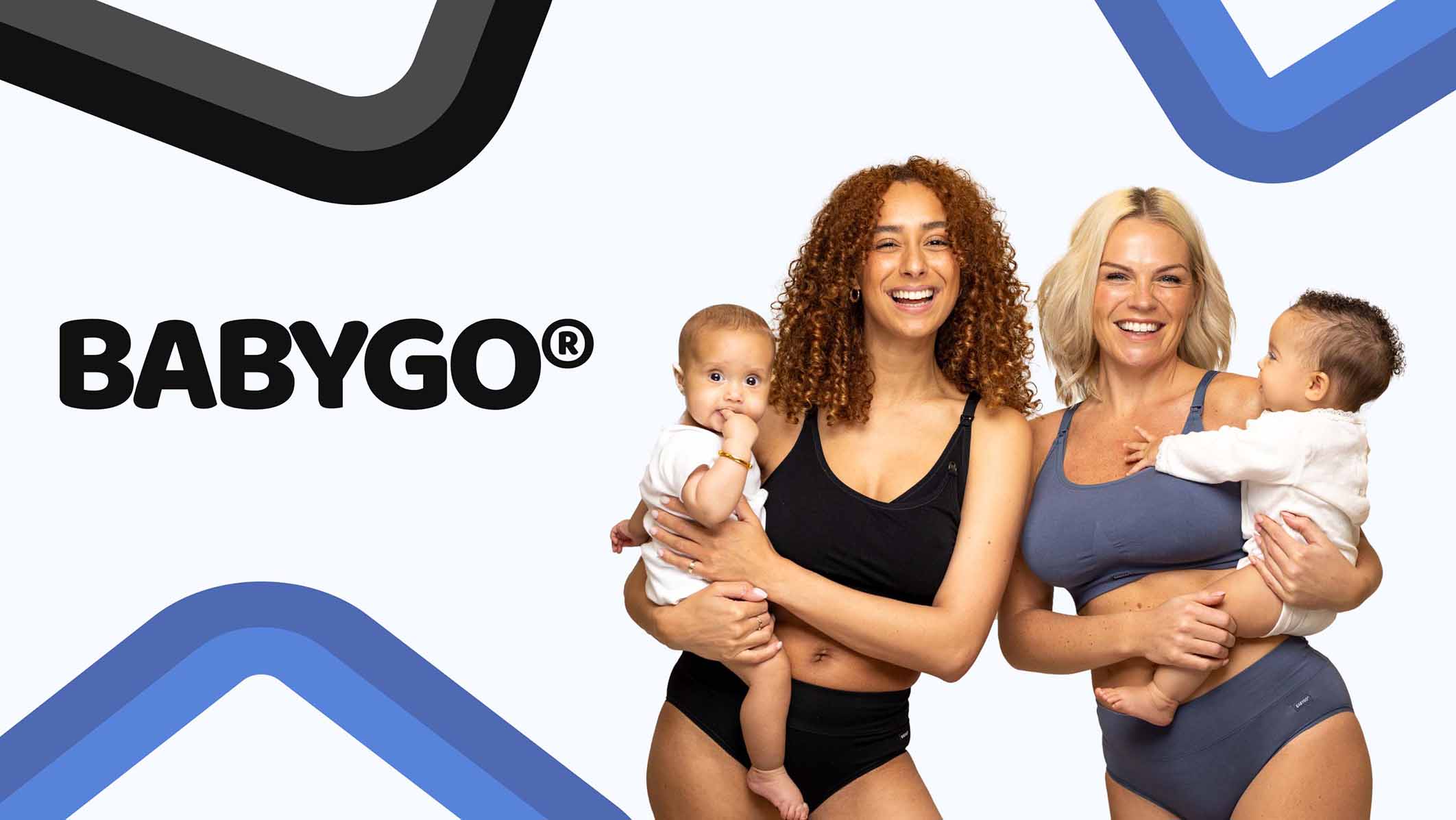 BABYGO logo with two smiling mothers holding babies, promoting maternity and baby products