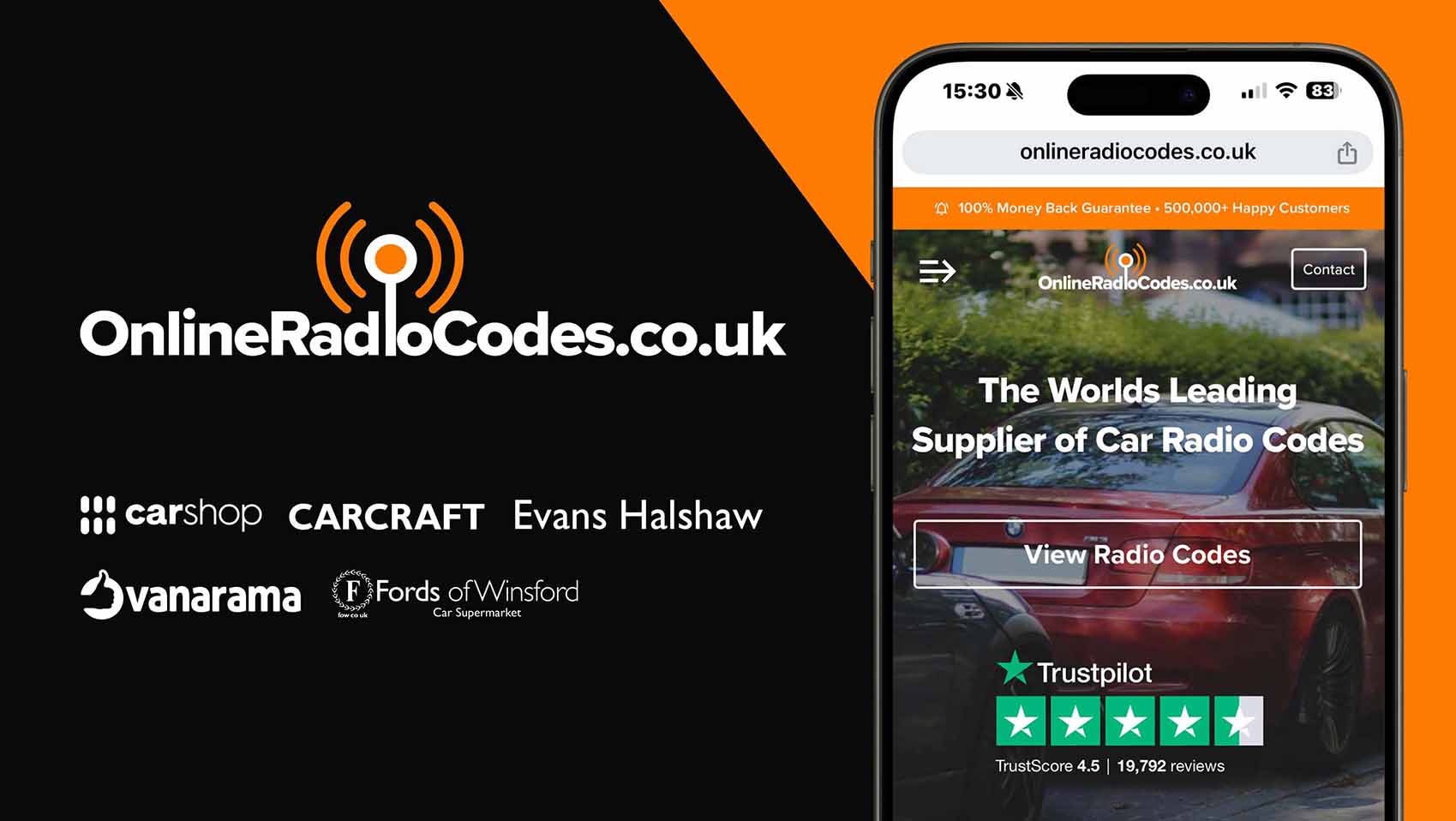 OnlineRadioCodes.co.uk logo with partner brands and a mobile phone displaying the website, promoting car radio code services
