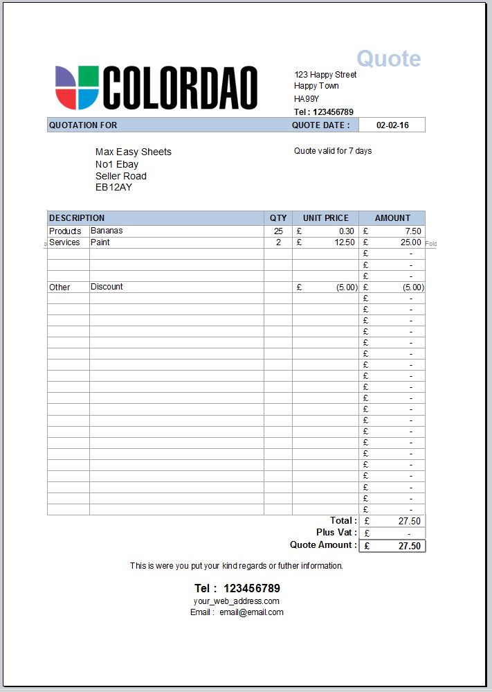 Invoice Receipt Quote Invoice Template Invoice Generator Excel Spreadsheet Uk Ebay